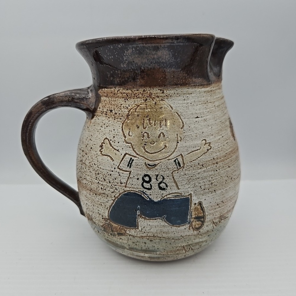Stonewear Pottery Pitcher With Kids Playing Artist Signed